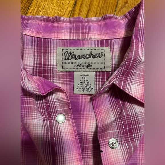Wrangler Wrancher Women Pink Plaid Pearl Snap Long Sleeve Button Up Shirt Wester - Picture 5 of 8